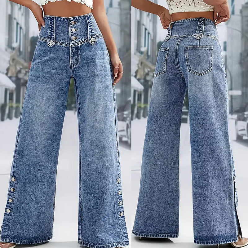 Jean taille haute à jambes larges et fentes latérales pour femme