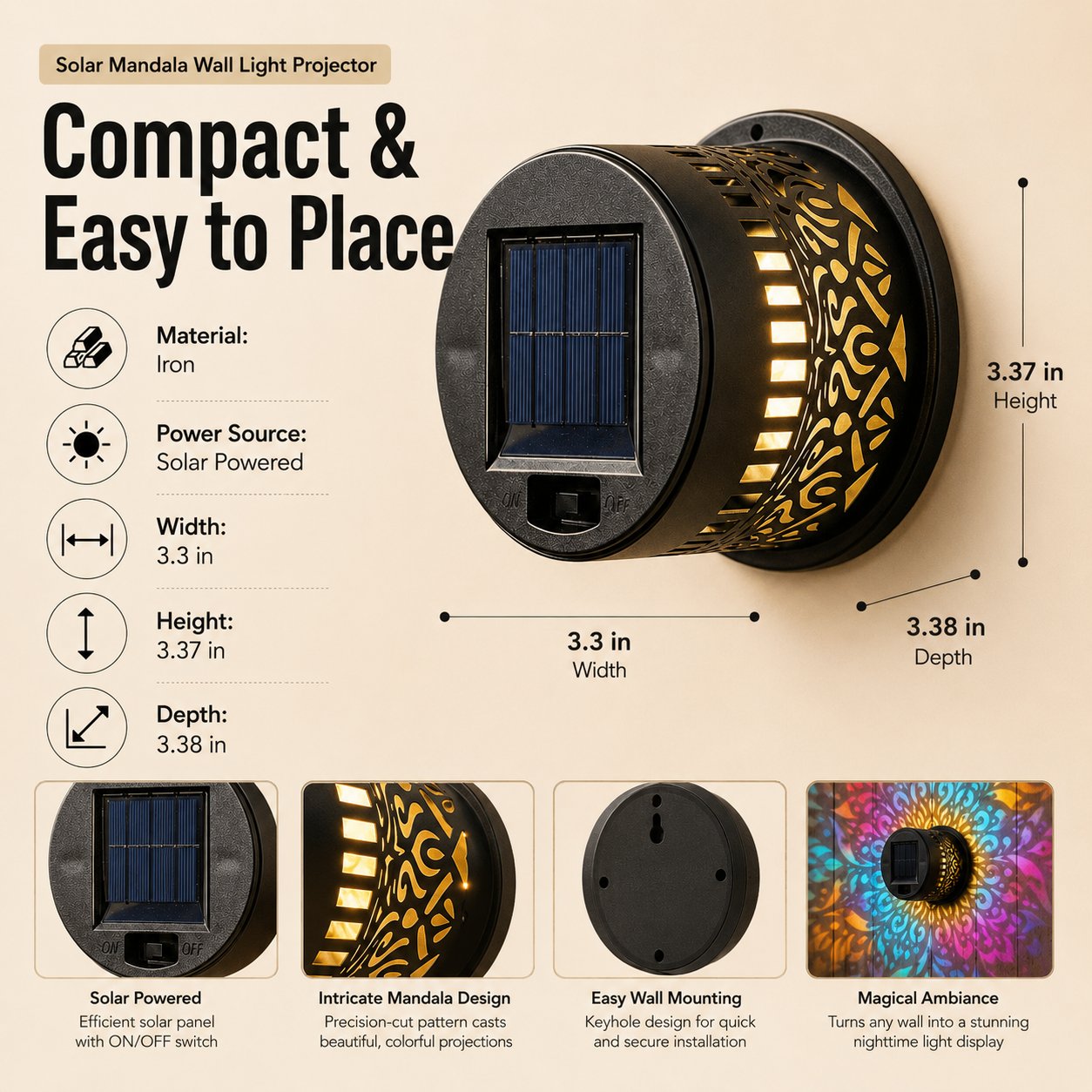 🌞 50 % DE RÉDUCTION MAINTENANT ! 🌀 Lampe solaire mandala – Projection de motifs époustouflants, design 2 en 1 pour sol et mur, étanche IP65, allumage/extinction automatique 🌿