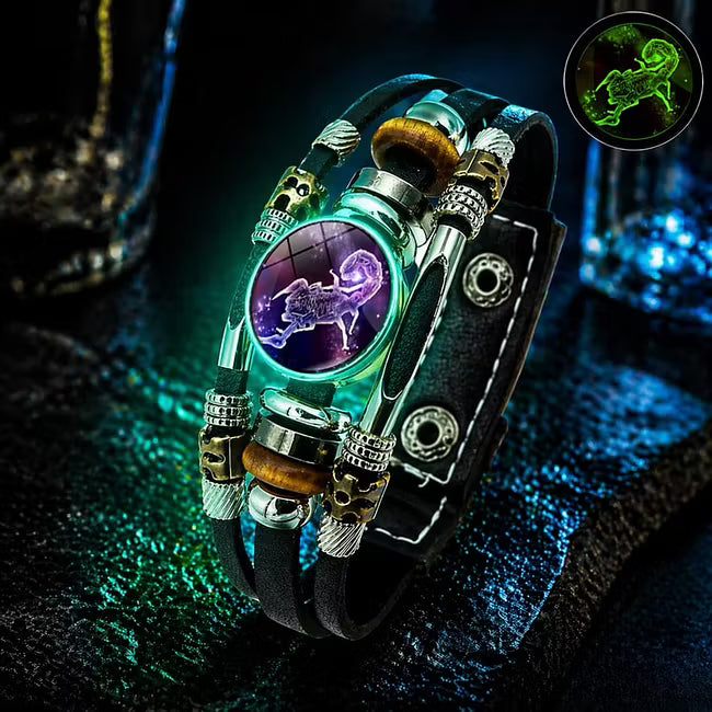 Bracelet Signe du Zodiaque en Cuir Phosphorescent – Unisexe & Ajustable