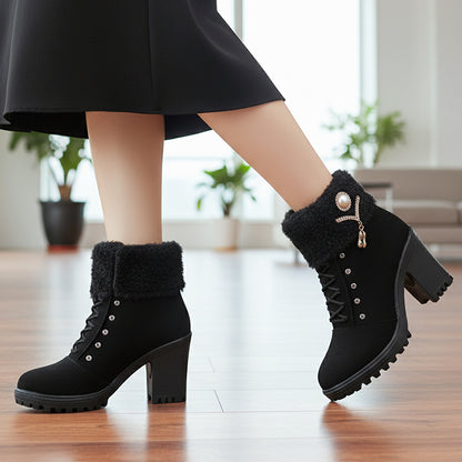 👢 Bottines Femme à Talon Épais - Intérieur Doublé de Fausse Fourrure, Semelle Antidérapante - Style Élégant pour Toutes Occasions