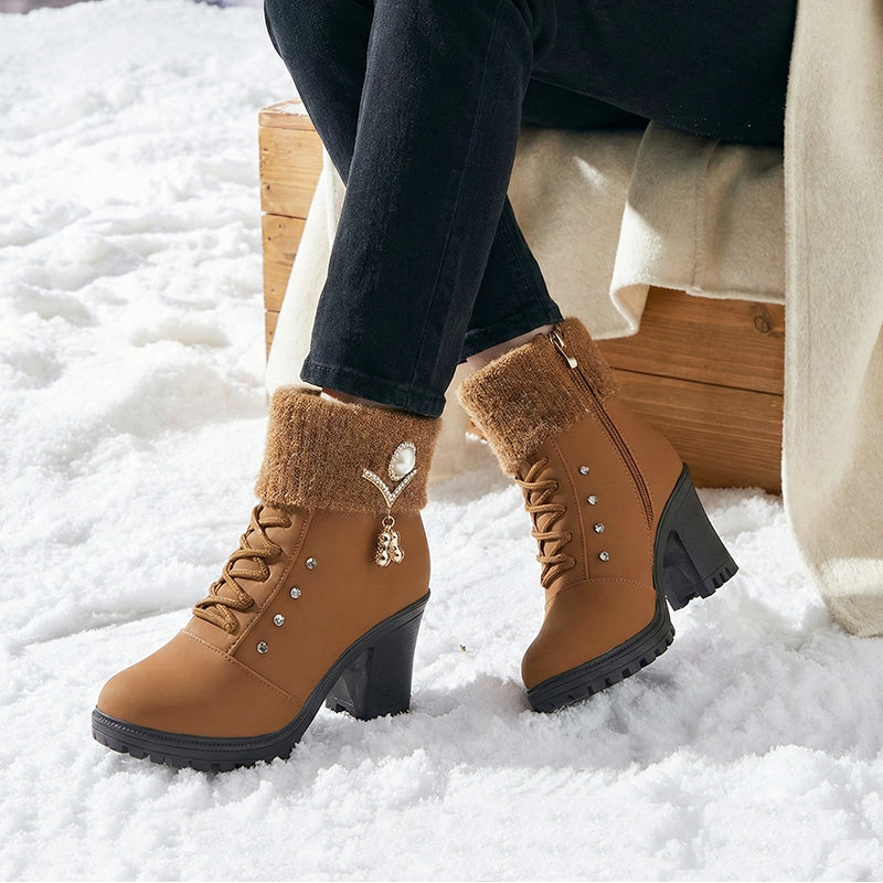 👢 Bottines Femme à Talon Épais - Intérieur Doublé de Fausse Fourrure, Semelle Antidérapante - Style Élégant pour Toutes Occasions