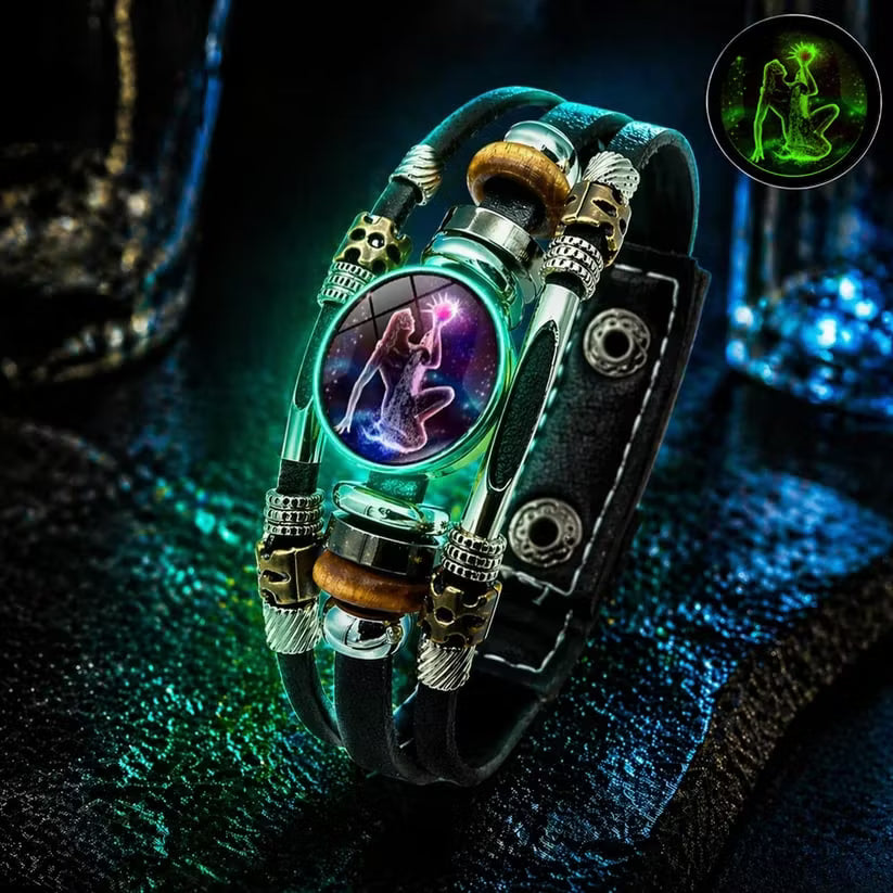 Bracelet Signe du Zodiaque en Cuir Phosphorescent – Unisexe & Ajustable