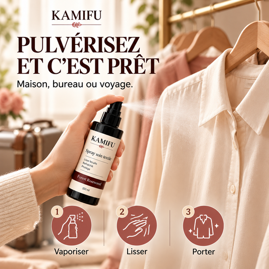 Fini les plis, le parfum de rose en plus — Forest Rosewood, vaporisez et portez, impeccable partout.