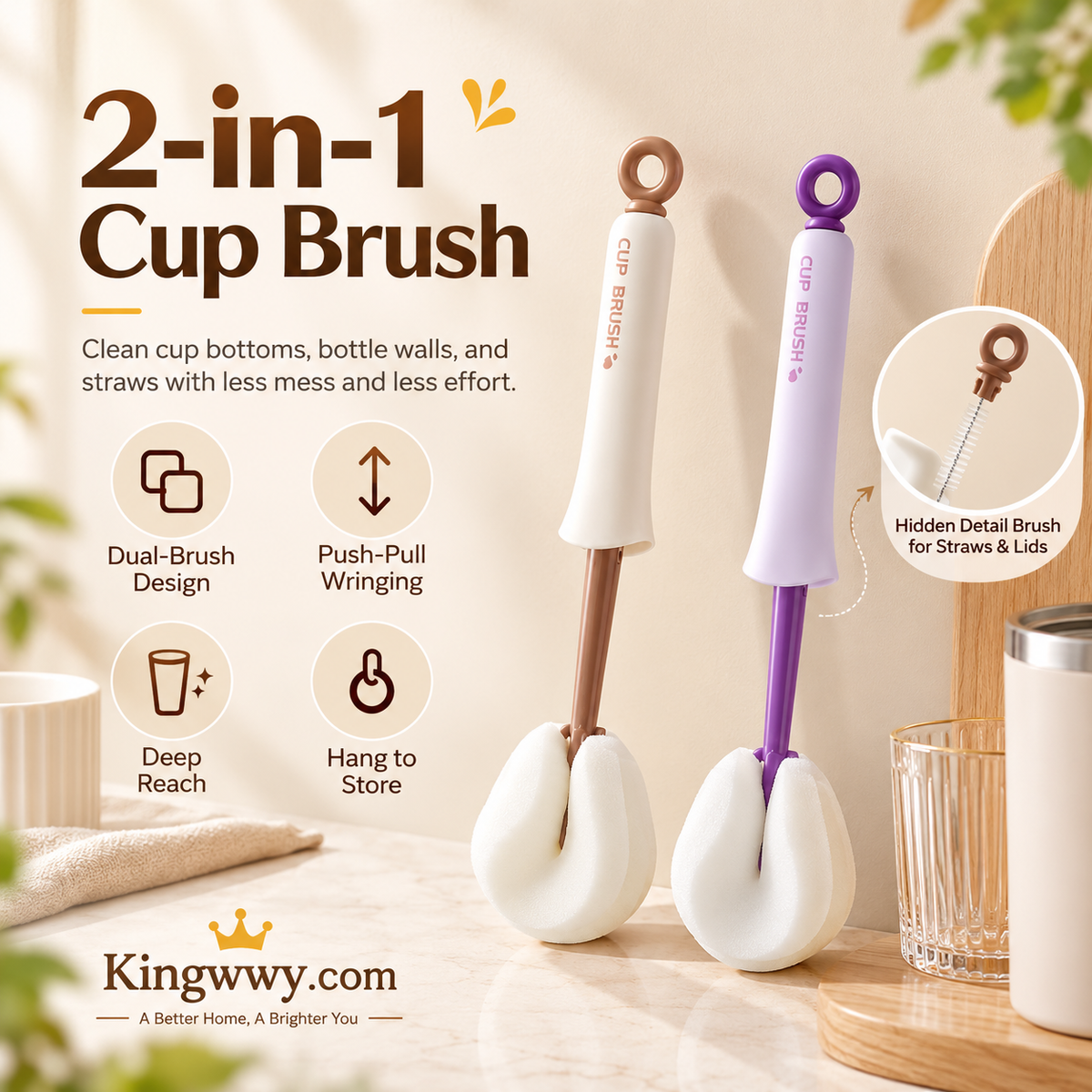 Brosse 2‑en‑1 pour tasses et bouteilles – Manche long et brosse de détail intégrée 🧽✨