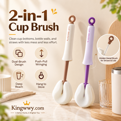 Brosse 2‑en‑1 pour tasses et bouteilles – Manche long et brosse de détail intégrée 🧽✨