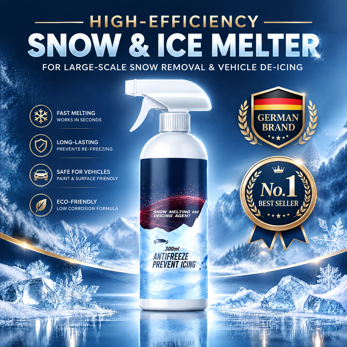 🧊 Produit hautement efficace pour faire fondre la neige et la glace ; adapté au déneigement de grandes surfaces et au dégivrage des véhicules.