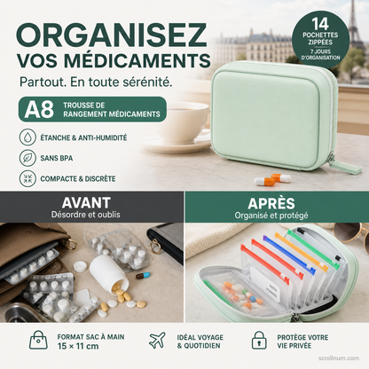 💊 Organisateur de Médicaments A8 Étanche – 14 Grandes Pochettes Zippées pour Classeur A8