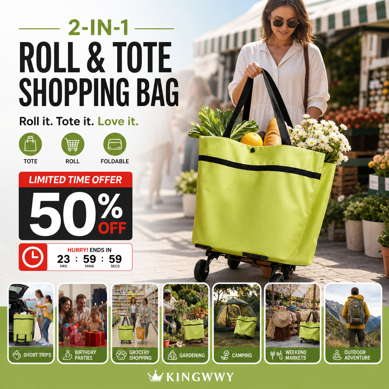 Chariot de courses pliable 2‑en‑1