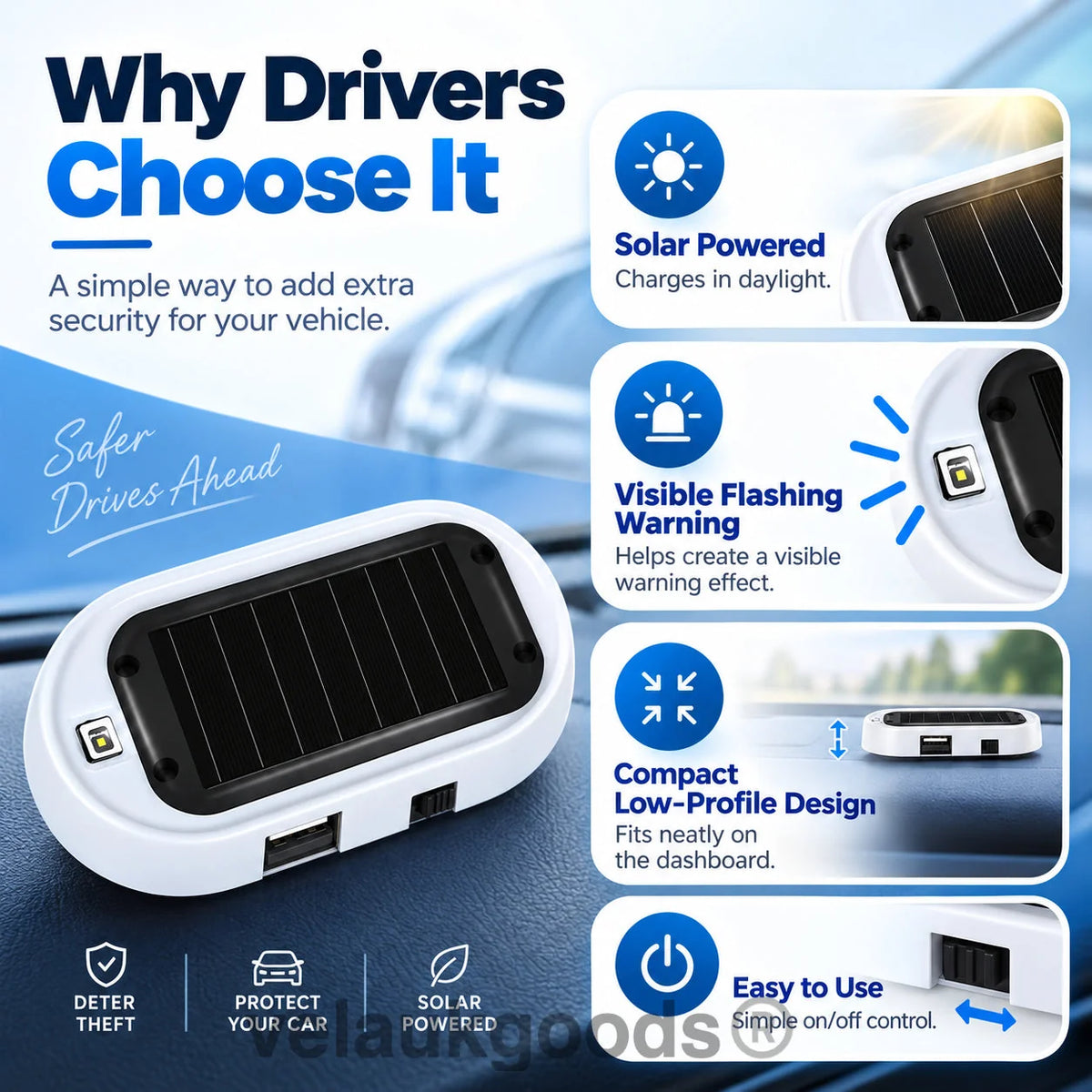 🚗 50% DE RÉDUCTION! 🚨 Lampe clignotante LED antivol solaire – Capteur jour/nuit & sans fil ✨