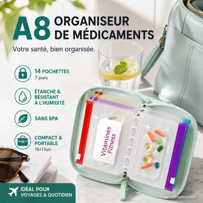 💊 Organisateur de Médicaments A8 Étanche – 14 Grandes Pochettes Zippées pour Classeur A8