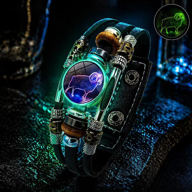 Bracelet Signe du Zodiaque en Cuir Phosphorescent – Unisexe & Ajustable