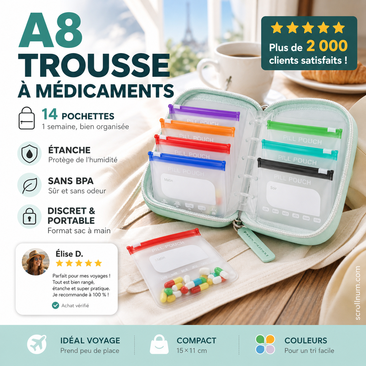 💊 Organisateur de Médicaments A8 Étanche – 14 Grandes Pochettes Zippées pour Classeur A8