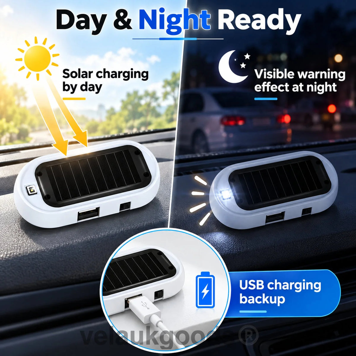 🚗 50% DE RÉDUCTION! 🚨 Lampe clignotante LED antivol solaire – Capteur jour/nuit & sans fil ✨