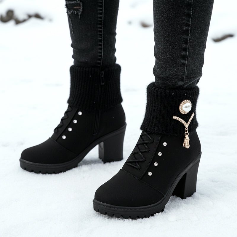 👢 Bottines Femme à Talon Épais - Intérieur Doublé de Fausse Fourrure, Semelle Antidérapante - Style Élégant pour Toutes Occasions