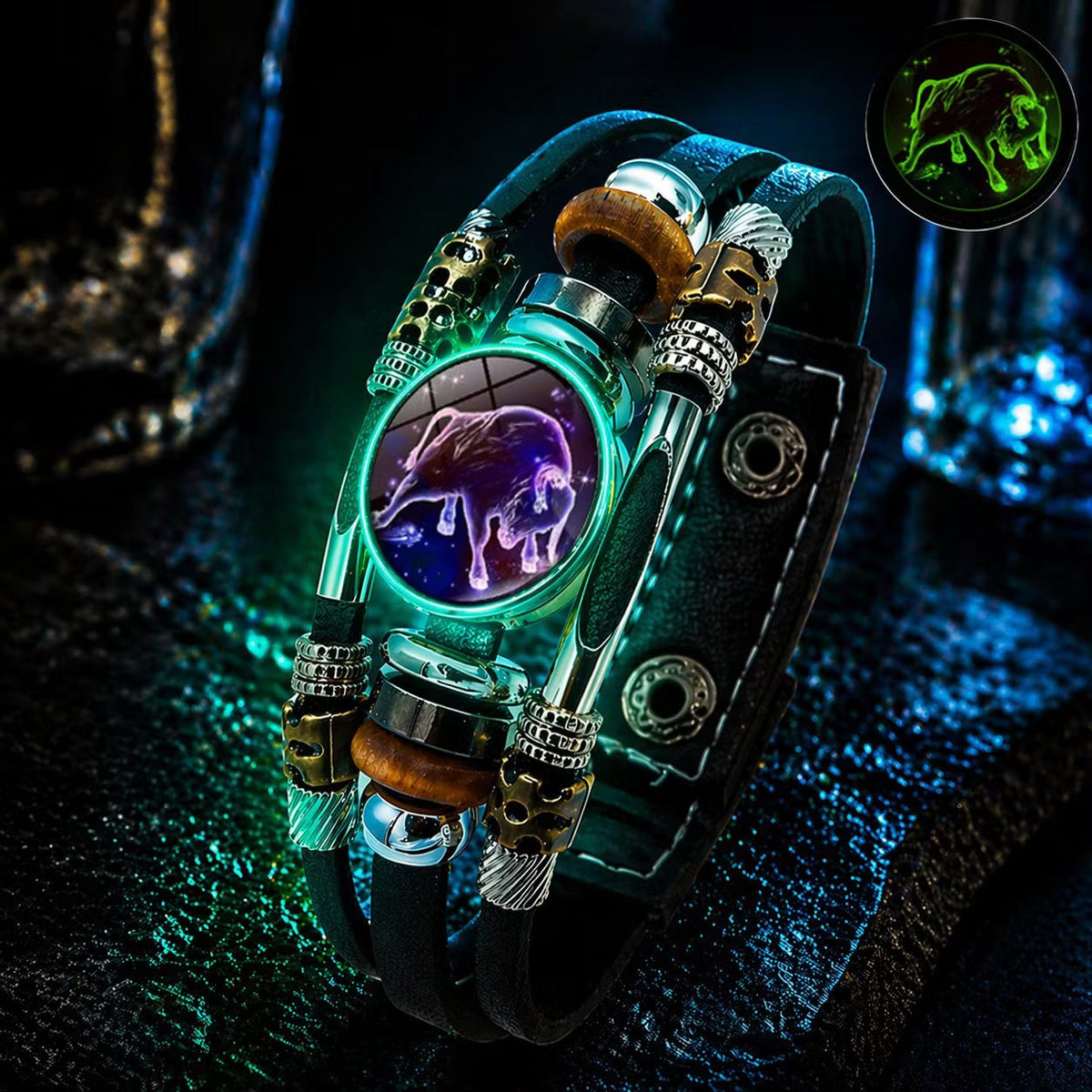 Bracelet Signe du Zodiaque en Cuir Phosphorescent – Unisexe & Ajustable