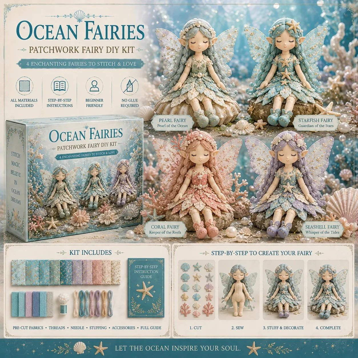 🧚‍♀️ 50% DE RÉDUCTION – Kit DIY de patchwork féerique – 4 fées uniques – adapté aux débutants – cadeau parfait – Achetez 2, livraison gratuite