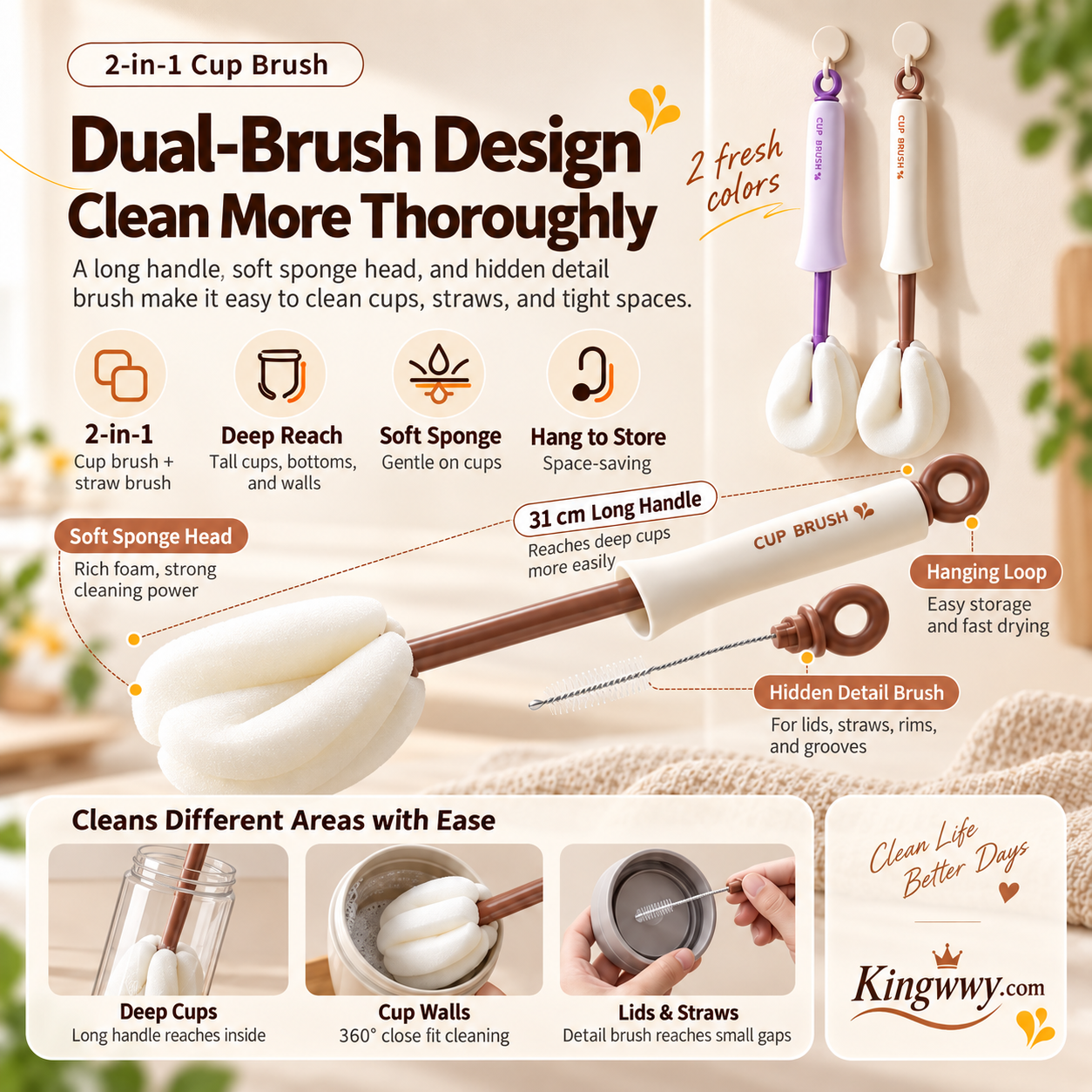 Brosse 2‑en‑1 pour tasses et bouteilles – Manche long et brosse de détail intégrée 🧽✨