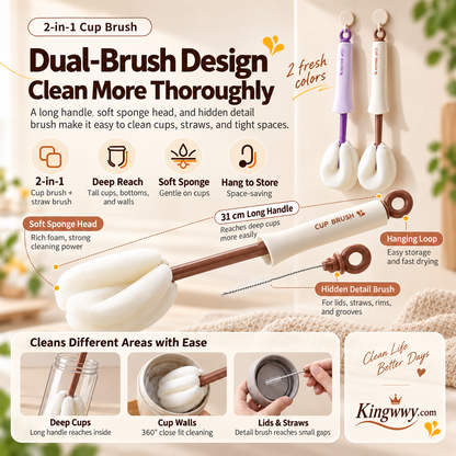 Brosse 2‑en‑1 pour tasses et bouteilles – Manche long et brosse de détail intégrée 🧽✨