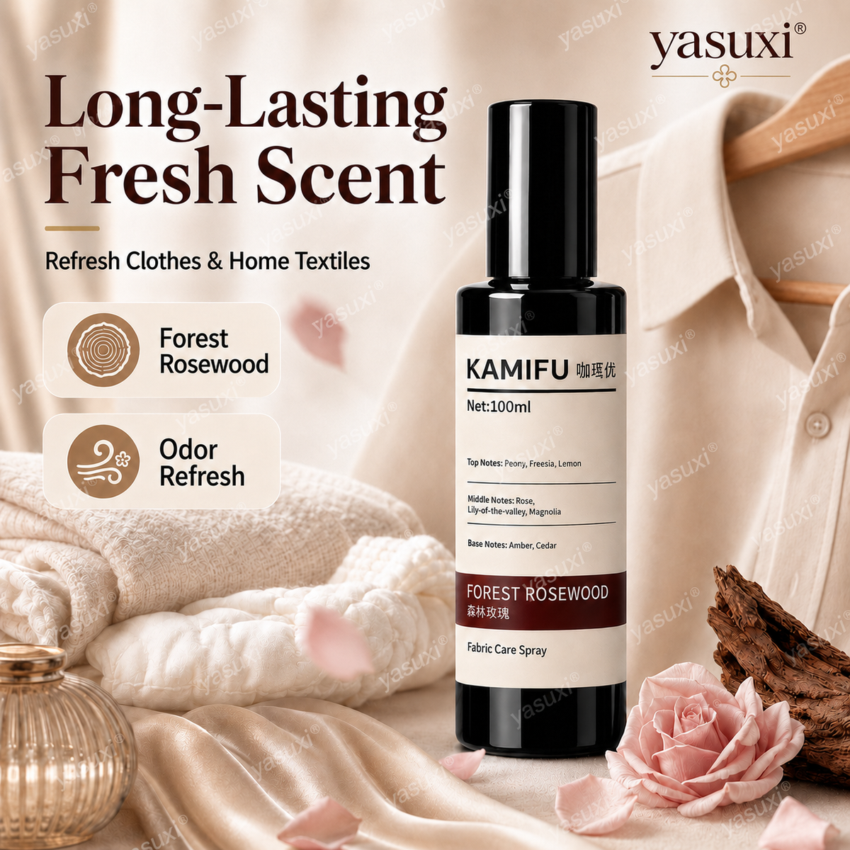 Fini les plis, le parfum de rose en plus — Forest Rosewood, vaporisez et portez, impeccable partout.