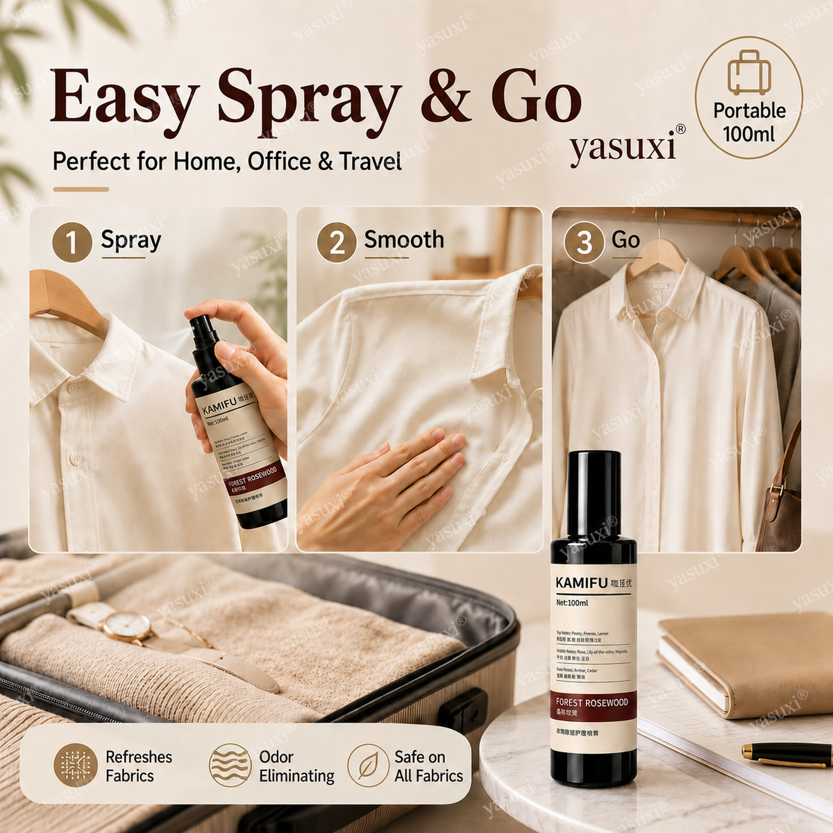 Fini les plis, le parfum de rose en plus — Forest Rosewood, vaporisez et portez, impeccable partout.