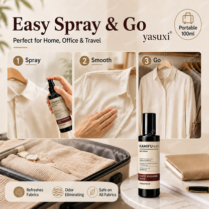 Fini les plis, le parfum de rose en plus — Forest Rosewood, vaporisez et portez, impeccable partout.