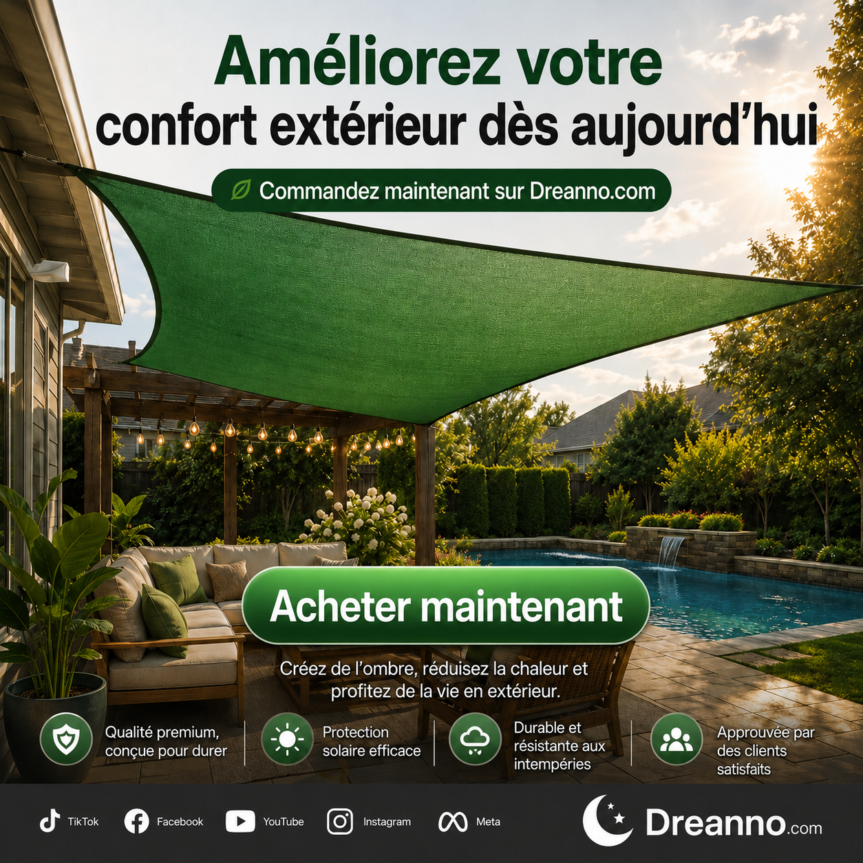 Voile d'ombrage anti-UV, auvent rectangulaire