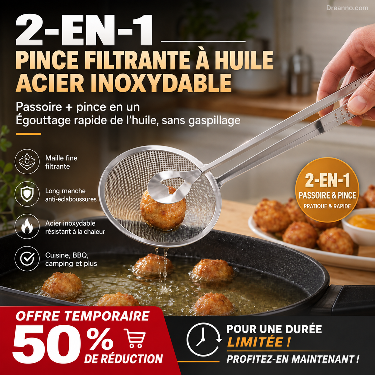 🍳 50 % de réduction ! Pince de cuisine 2 en 1 : cuillère et passoire tout-en-un. En acier inoxydable, idéale pour frire, égoutter et servir. 💪