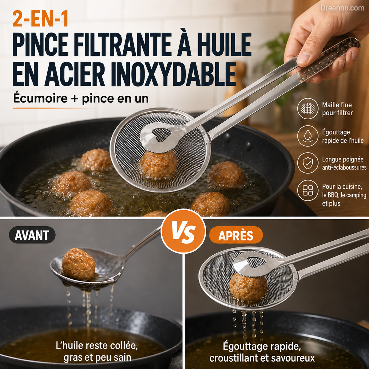 🍳 50 % de réduction ! Pince de cuisine 2 en 1 : cuillère et passoire tout-en-un. En acier inoxydable, idéale pour frire, égoutter et servir. 💪