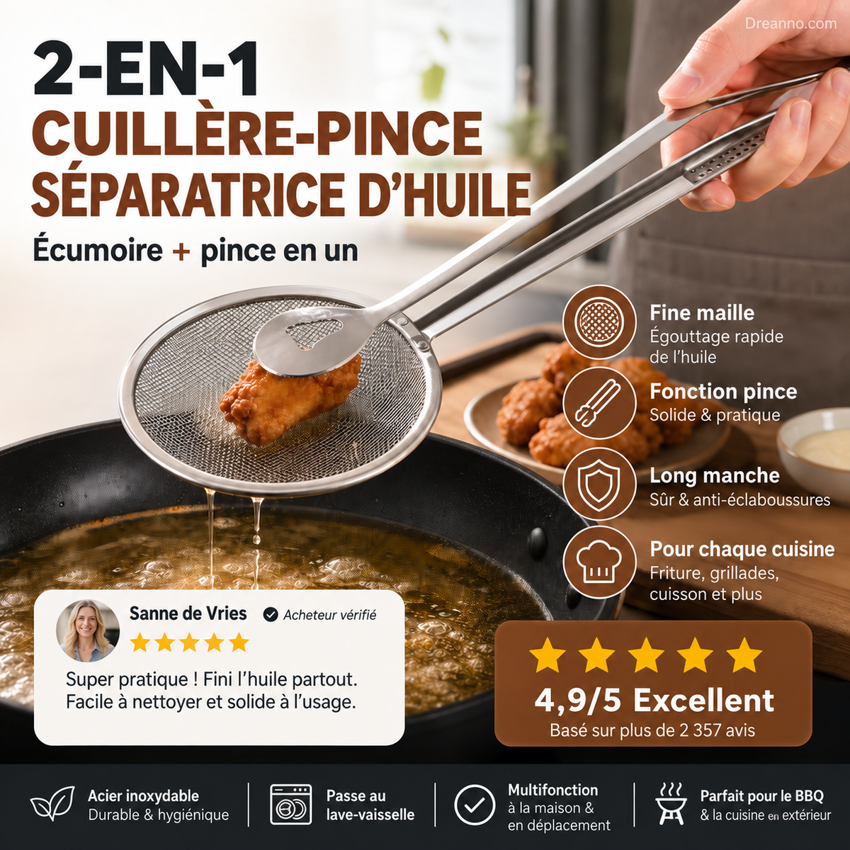 🍳 50 % de réduction ! Pince de cuisine 2 en 1 : cuillère et passoire tout-en-un. En acier inoxydable, idéale pour frire, égoutter et servir. 💪