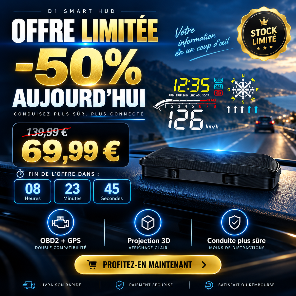 🛒🚘 Affichage tête haute universel pour voitures – technologie et sécurité à chaque trajet. Commandez maintenant !