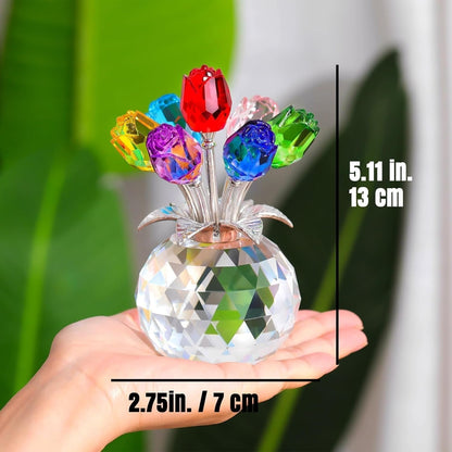 Figurine de collection de fleurs roses colorées en cristal avec vase