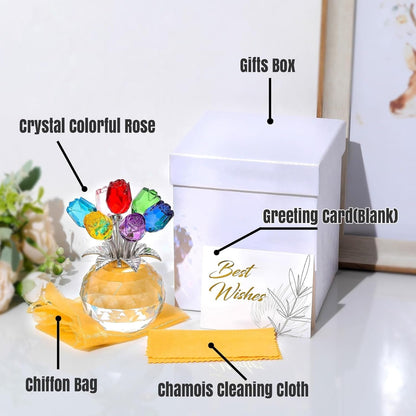 Figurine de collection de fleurs roses colorées en cristal avec vase