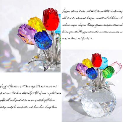 Figurine de collection de fleurs roses colorées en cristal avec vase