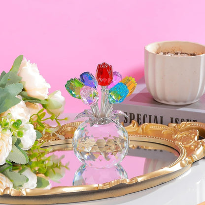 Figurine de collection de fleurs roses colorées en cristal avec vase