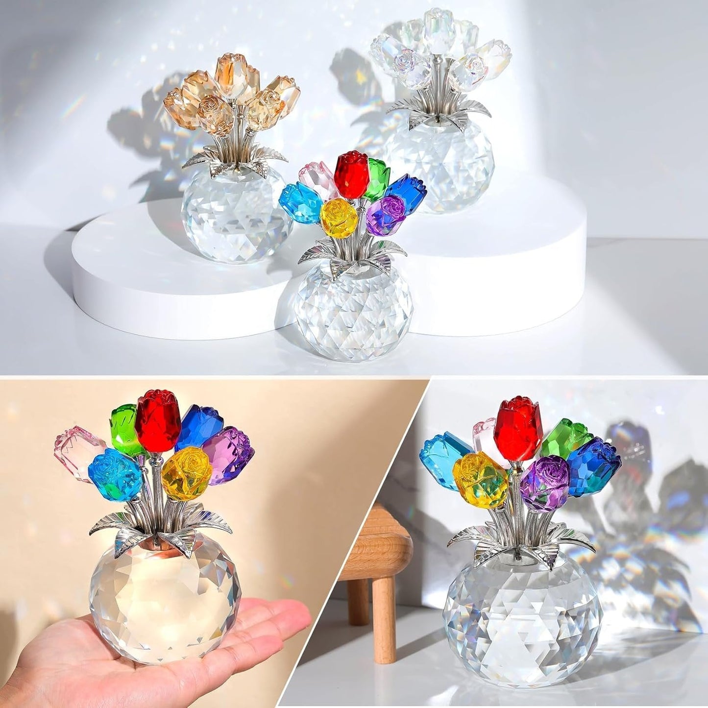 Figurine de collection de fleurs roses colorées en cristal avec vase
