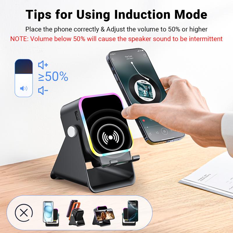 🔥VENTE LIMITÉE 50 % DE RÉDUCTION🔥🎵 Enceinte 5-en-1 avec support téléphone – Son par induction, recharge et lumière d’ambiance, tout en un !