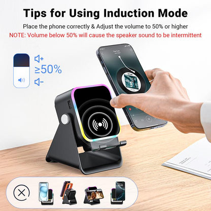 🔥VENTE LIMITÉE 50 % DE RÉDUCTION🔥🎵 Enceinte 5-en-1 avec support téléphone – Son par induction, recharge et lumière d’ambiance, tout en un !
