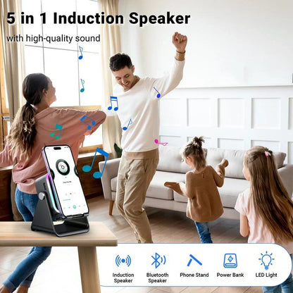 🔥VENTE LIMITÉE 50 % DE RÉDUCTION🔥🎵 Enceinte 5-en-1 avec support téléphone – Son par induction, recharge et lumière d’ambiance, tout en un !