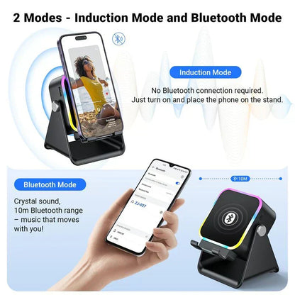 🔥VENTE LIMITÉE 50 % DE RÉDUCTION🔥🎵 Enceinte 5-en-1 avec support téléphone – Son par induction, recharge et lumière d’ambiance, tout en un !