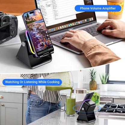 🔥VENTE LIMITÉE 50 % DE RÉDUCTION🔥🎵 Enceinte 5-en-1 avec support téléphone – Son par induction, recharge et lumière d’ambiance, tout en un !
