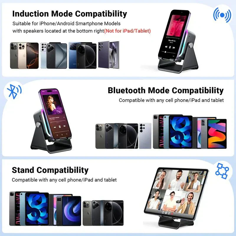 🔥VENTE LIMITÉE 50 % DE RÉDUCTION🔥🎵 Enceinte 5-en-1 avec support téléphone – Son par induction, recharge et lumière d’ambiance, tout en un !