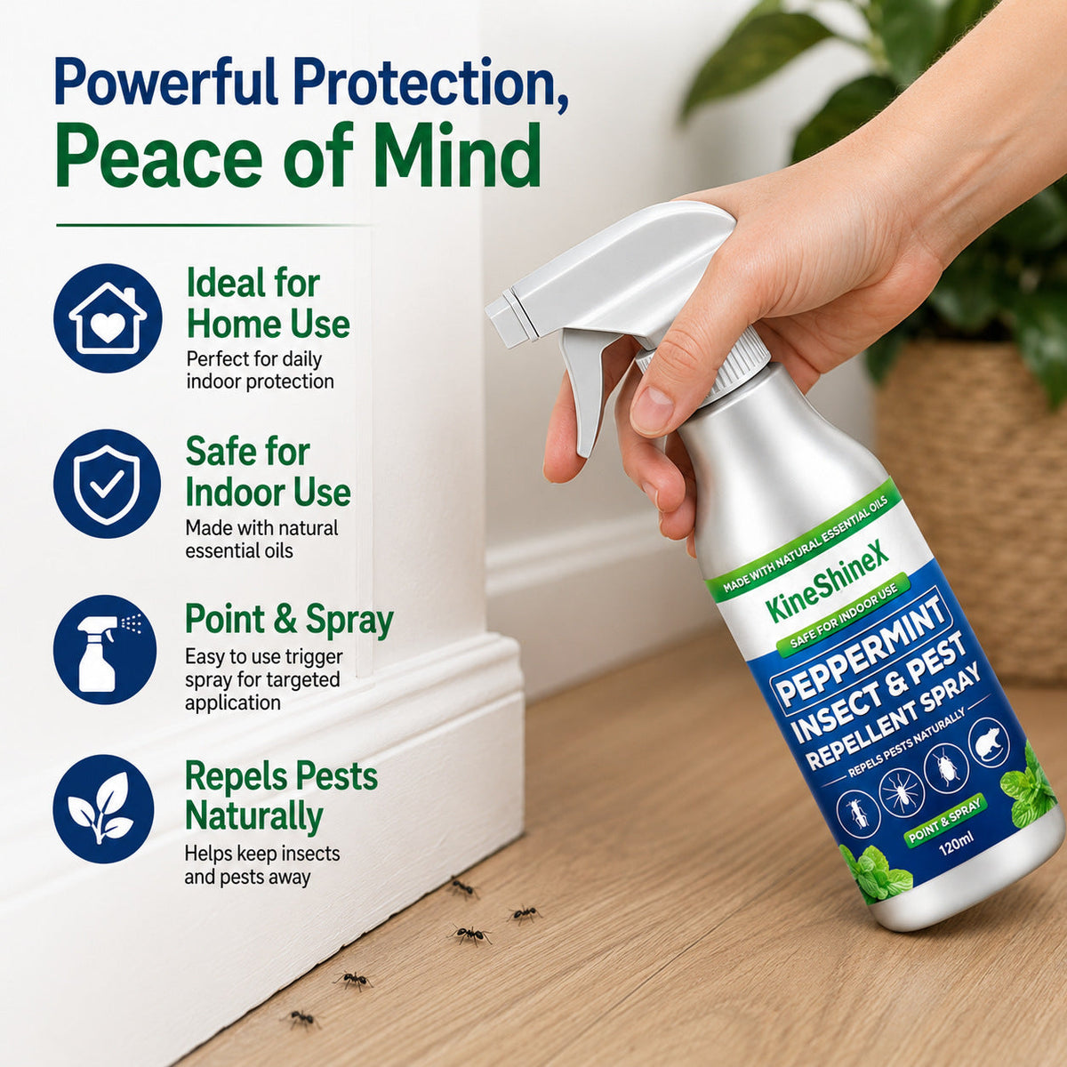 🗑️Spray anti-insectes et anti-nuisibles à l'huile essentielle de menthe poivrée naturelle – Puissance maximale – Formule au parfum doux pour la maison et le jardin