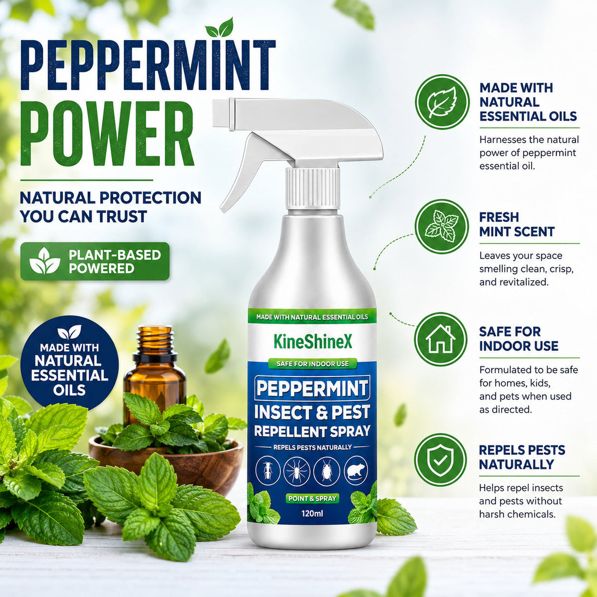 🗑️Spray anti-insectes et anti-nuisibles à l'huile essentielle de menthe poivrée naturelle – Puissance maximale – Formule au parfum doux pour la maison et le jardin