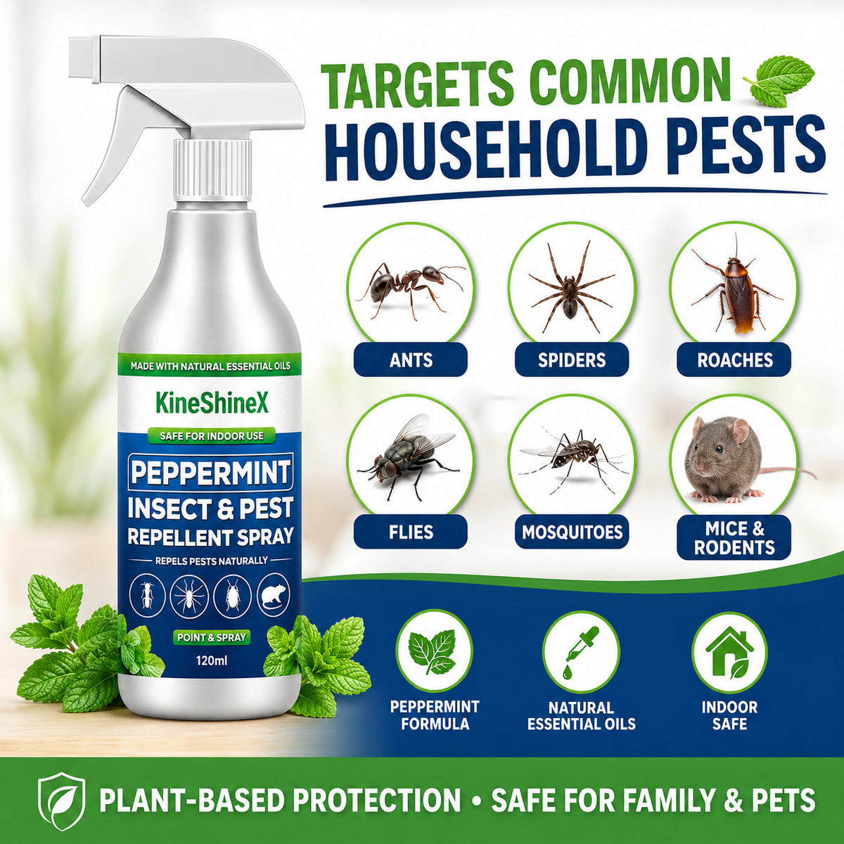 🗑️Spray anti-insectes et anti-nuisibles à l'huile essentielle de menthe poivrée naturelle – Puissance maximale – Formule au parfum doux pour la maison et le jardin