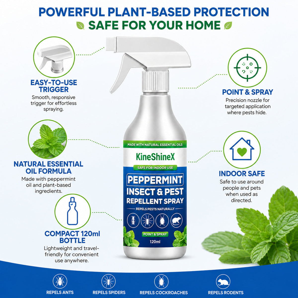 🗑️Spray anti-insectes et anti-nuisibles à l'huile essentielle de menthe poivrée naturelle – Puissance maximale – Formule au parfum doux pour la maison et le jardin