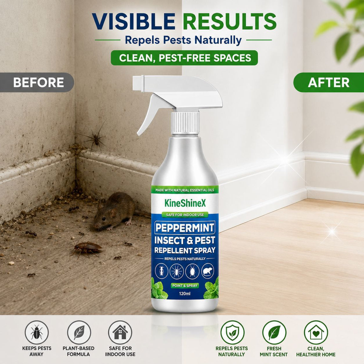 🗑️Spray anti-insectes et anti-nuisibles à l'huile essentielle de menthe poivrée naturelle – Puissance maximale – Formule au parfum doux pour la maison et le jardin