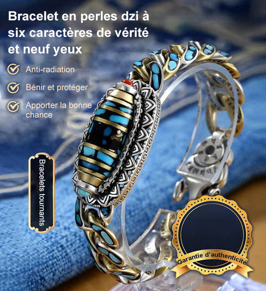 Bracelet de perles Dzi à neuf yeux mantra turquoise à six caractères