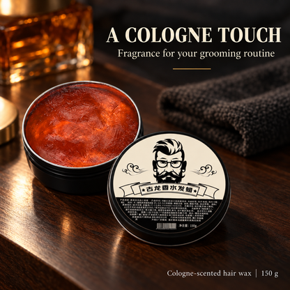 Cologne-scented hair wax in a warm premium grooming scene