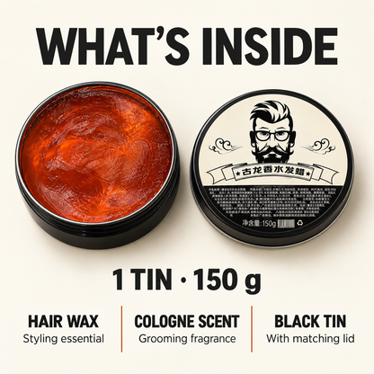 One 150 g tin of cologne-scented hair styling wax with matching lid