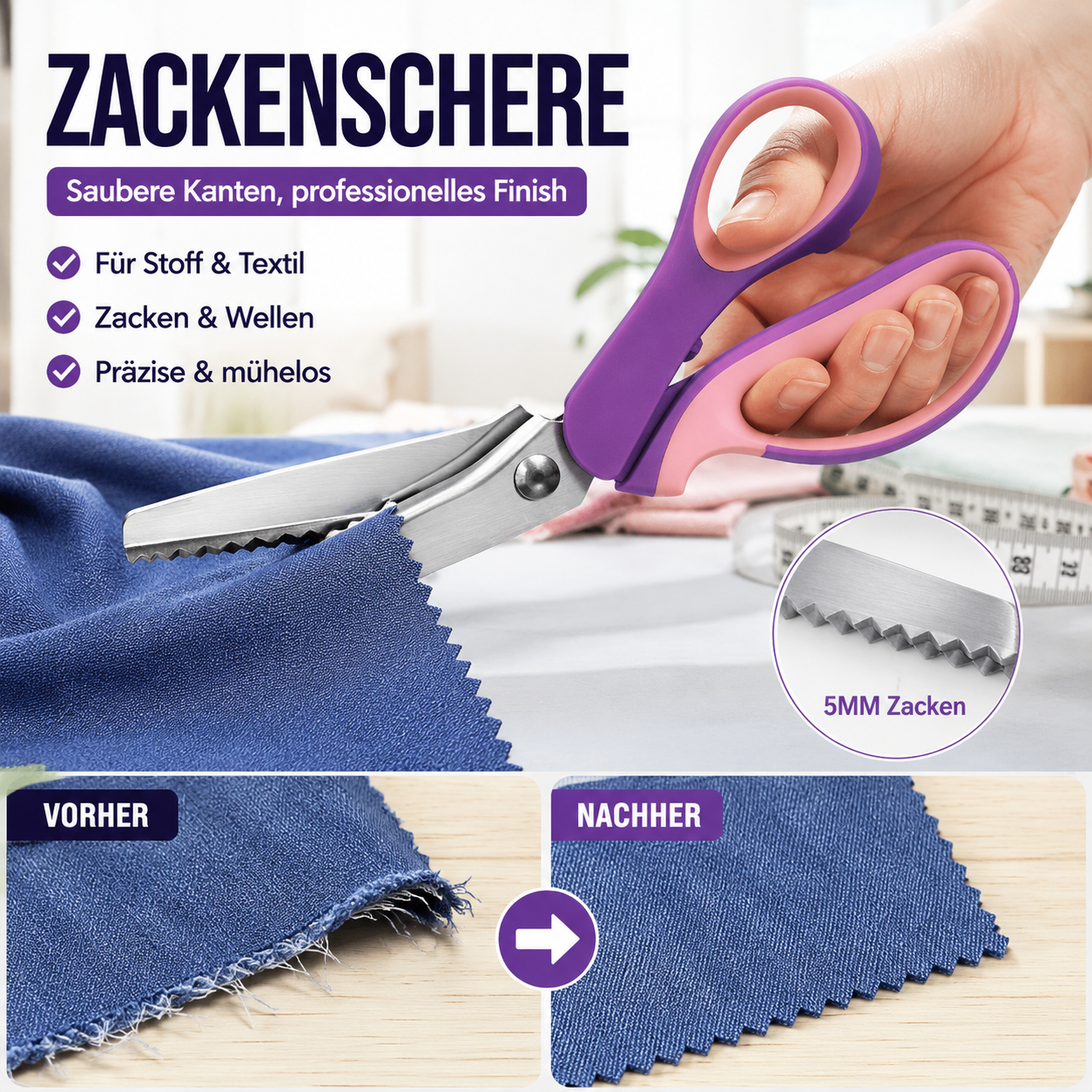 ✂️🧵 Ciseaux multifonctions en zigzag – Lames dentelées anti-effilochage, ressort confortable, coupez tissu, papier et cuir avec une finition propre, le couteau suisse des loisirs créatifs 🌸🎨